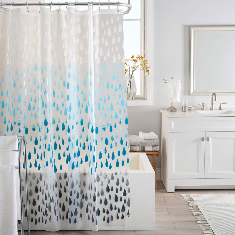 Bath Bliss Design PEVA Shower Curtain | Dimensions: 70"x 72" | 12 Metal Grommets | Bathroom Accessories | Reinforced Mesh Trim | Ombre | Raindrop Blue - Image 2
